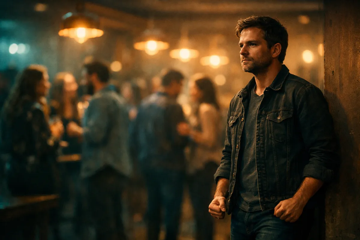 Man at the edge of a social event gathering courage to join