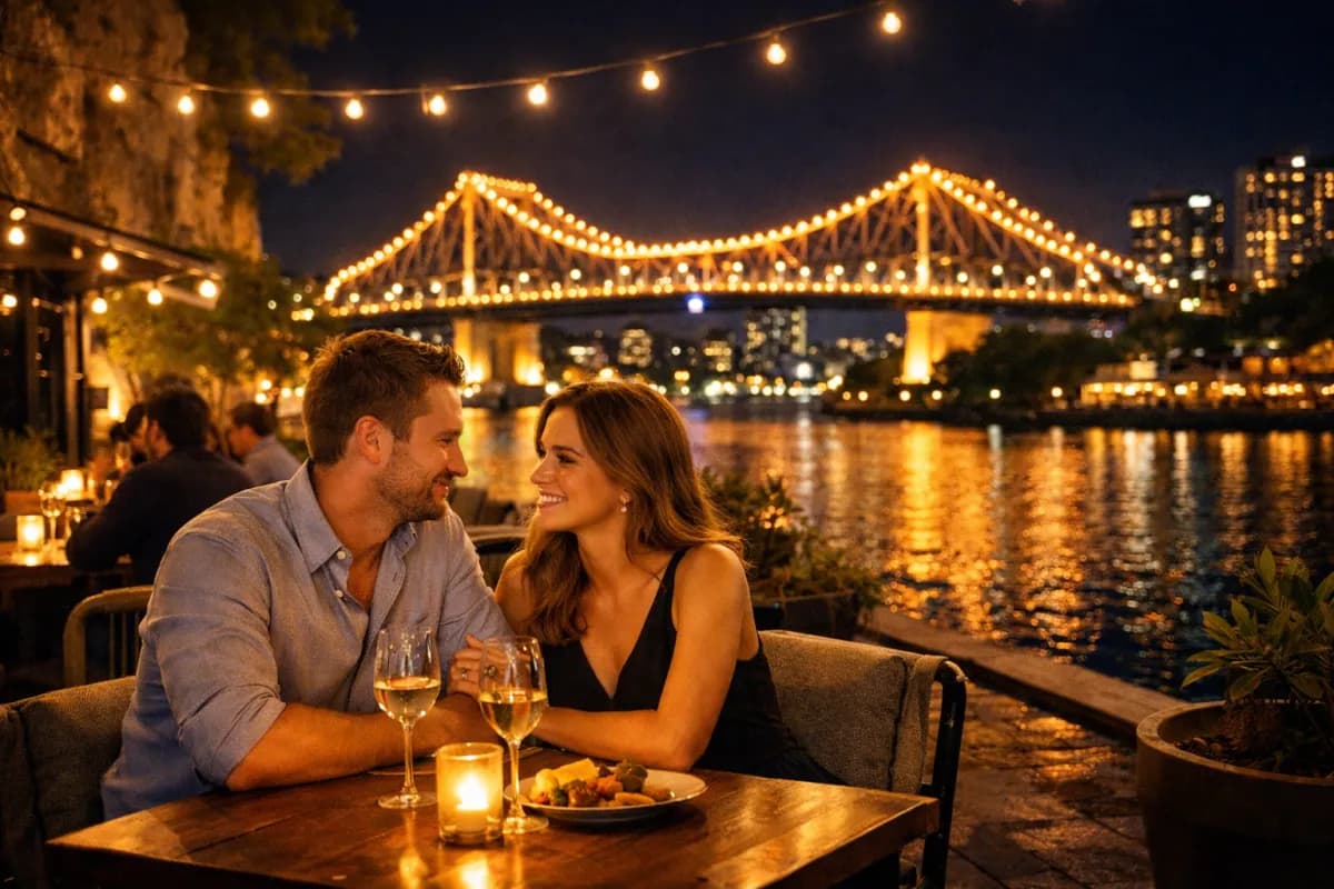 Couple on a date at Howard Smith Wharves with the Story Bridge lit behind them