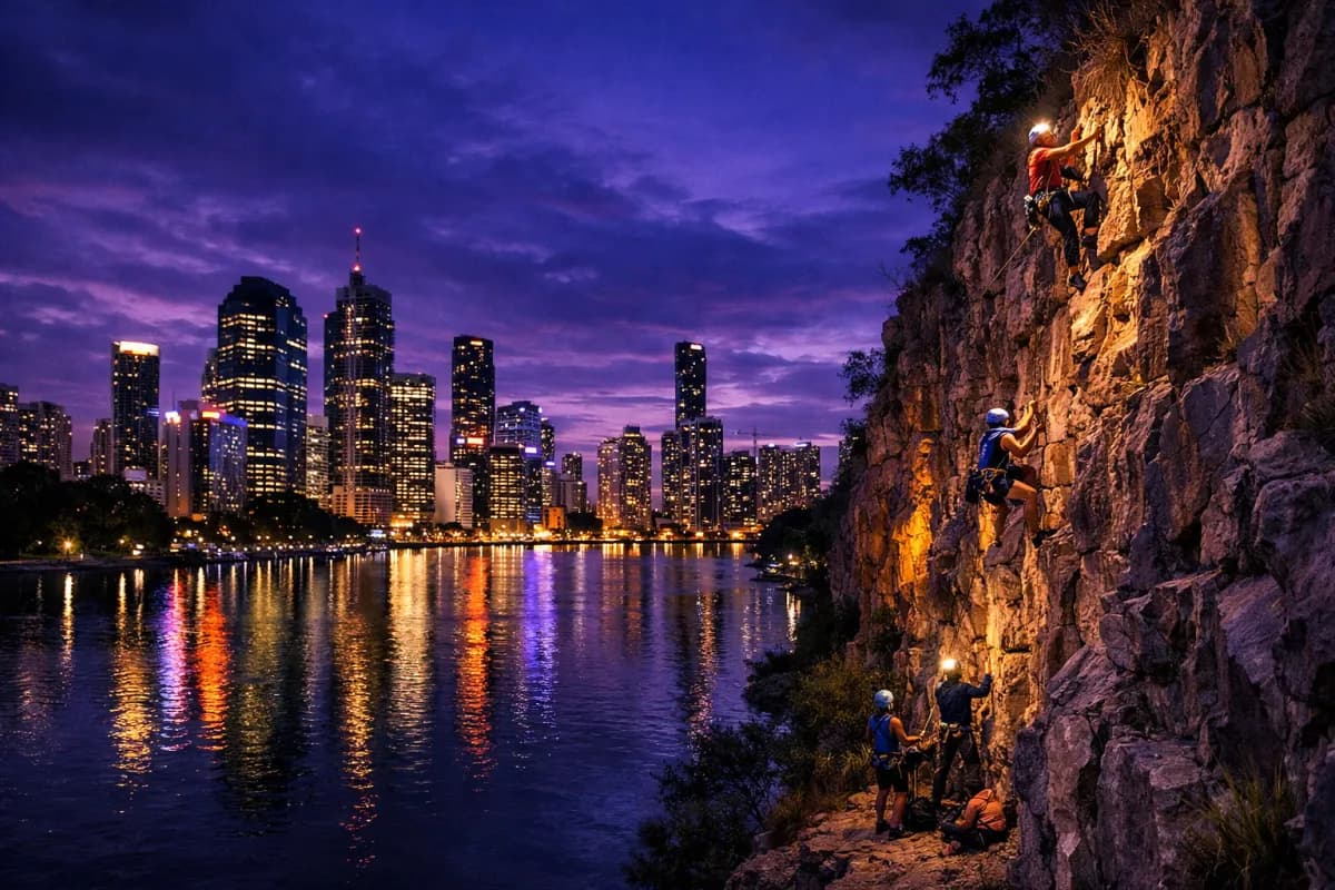 Kangaroo Point Cliffs Brisbane at twilight with city skyline across the river