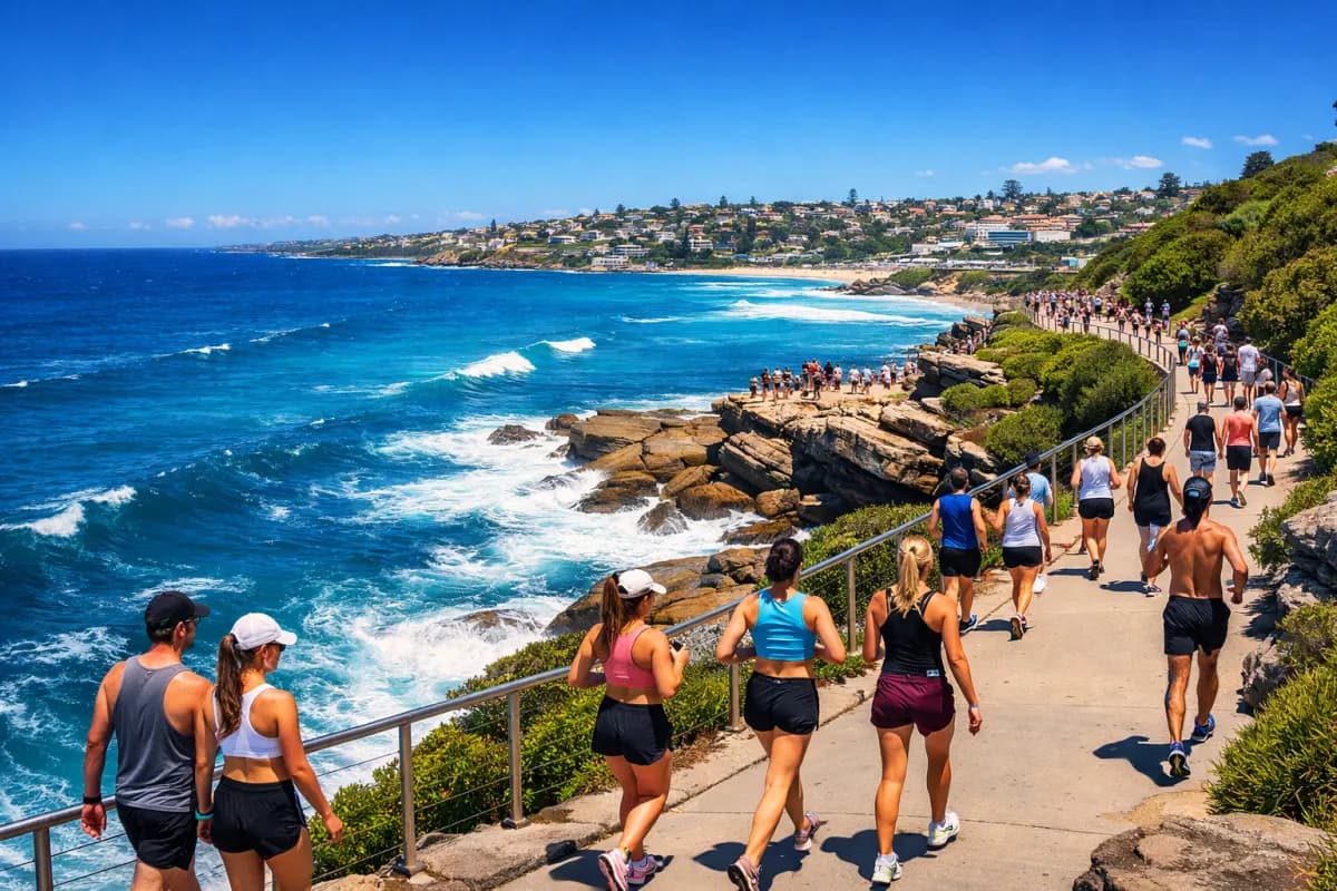 Bondi to Bronte coastal walk with people jogging along cliff path above turquoise ocean