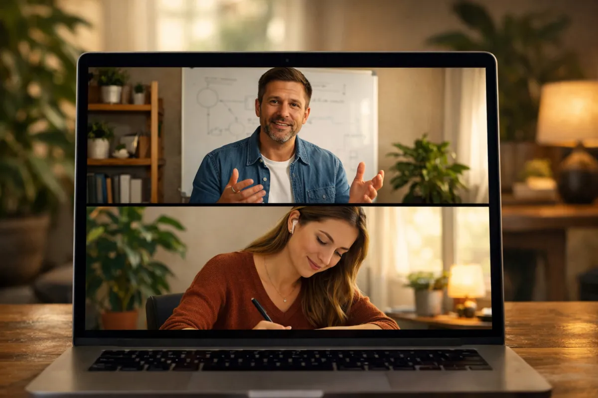 Laptop showing a video coaching call with coach gesturing at whiteboard