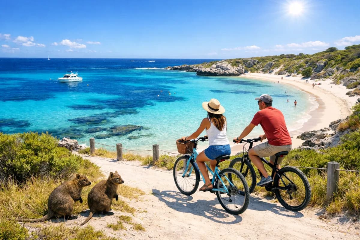 Couple riding bikes along a coastal path on Rottnest Island with turquoise water