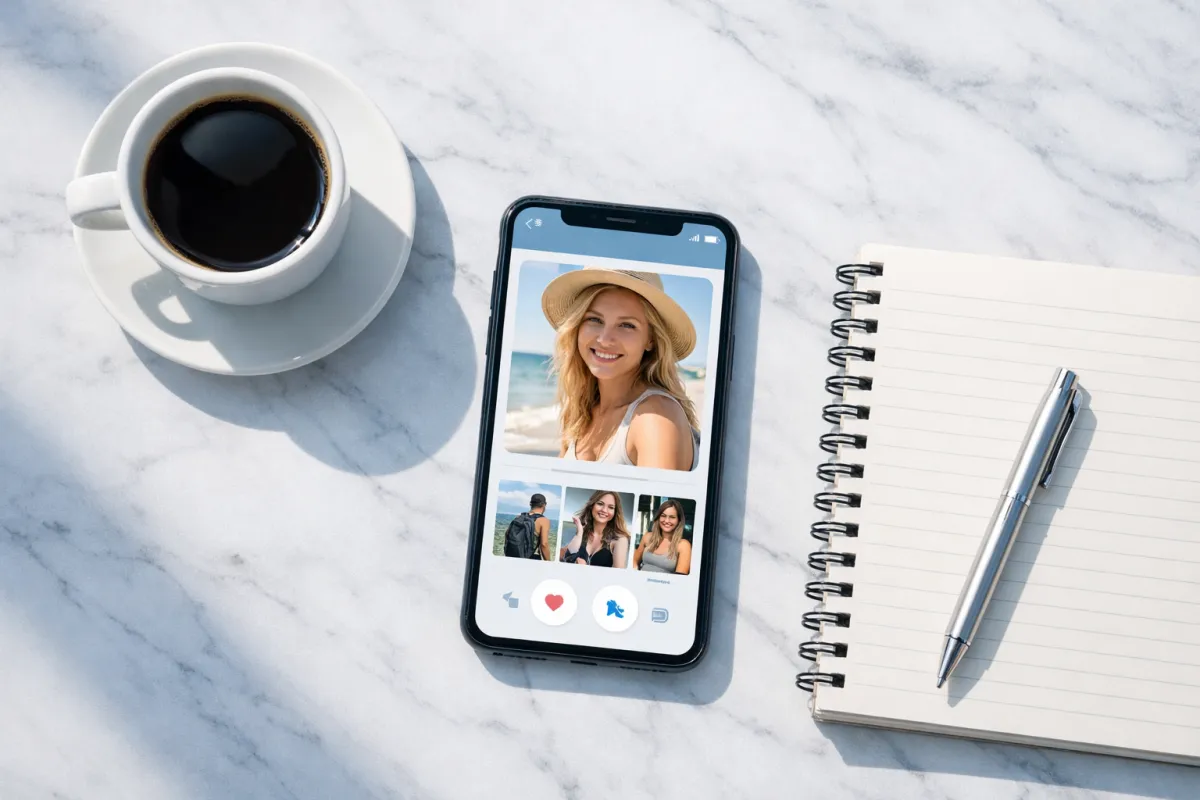 Smartphone showing a dating app profile next to a coffee cup on a desk