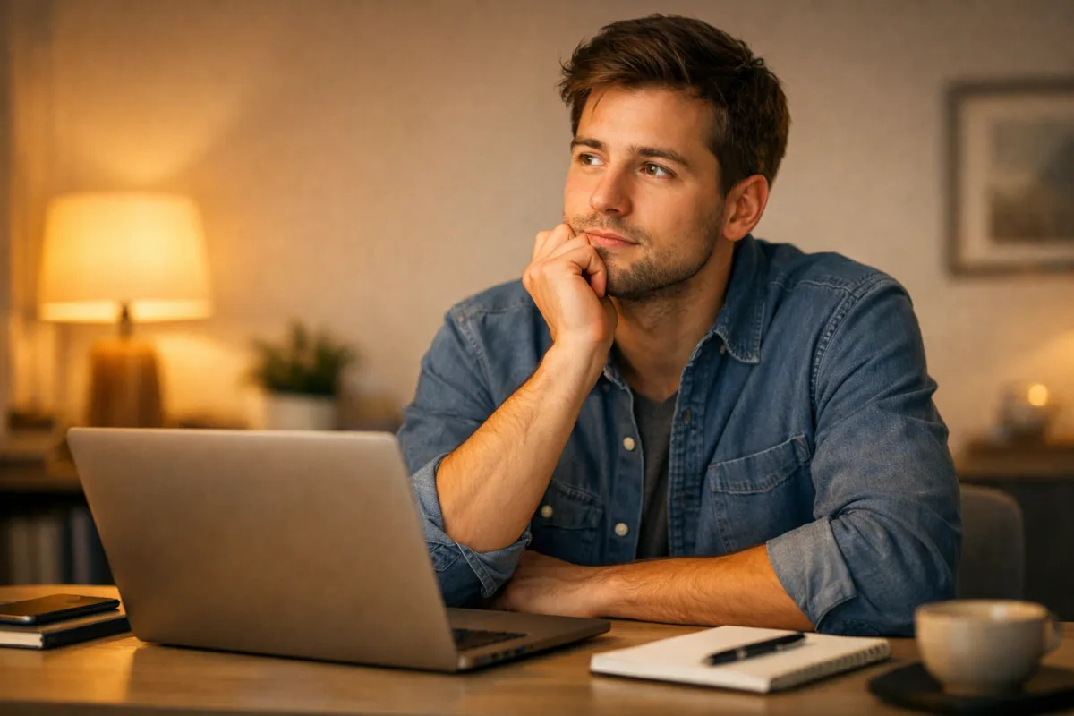 Man researching dating coaching options on his laptop