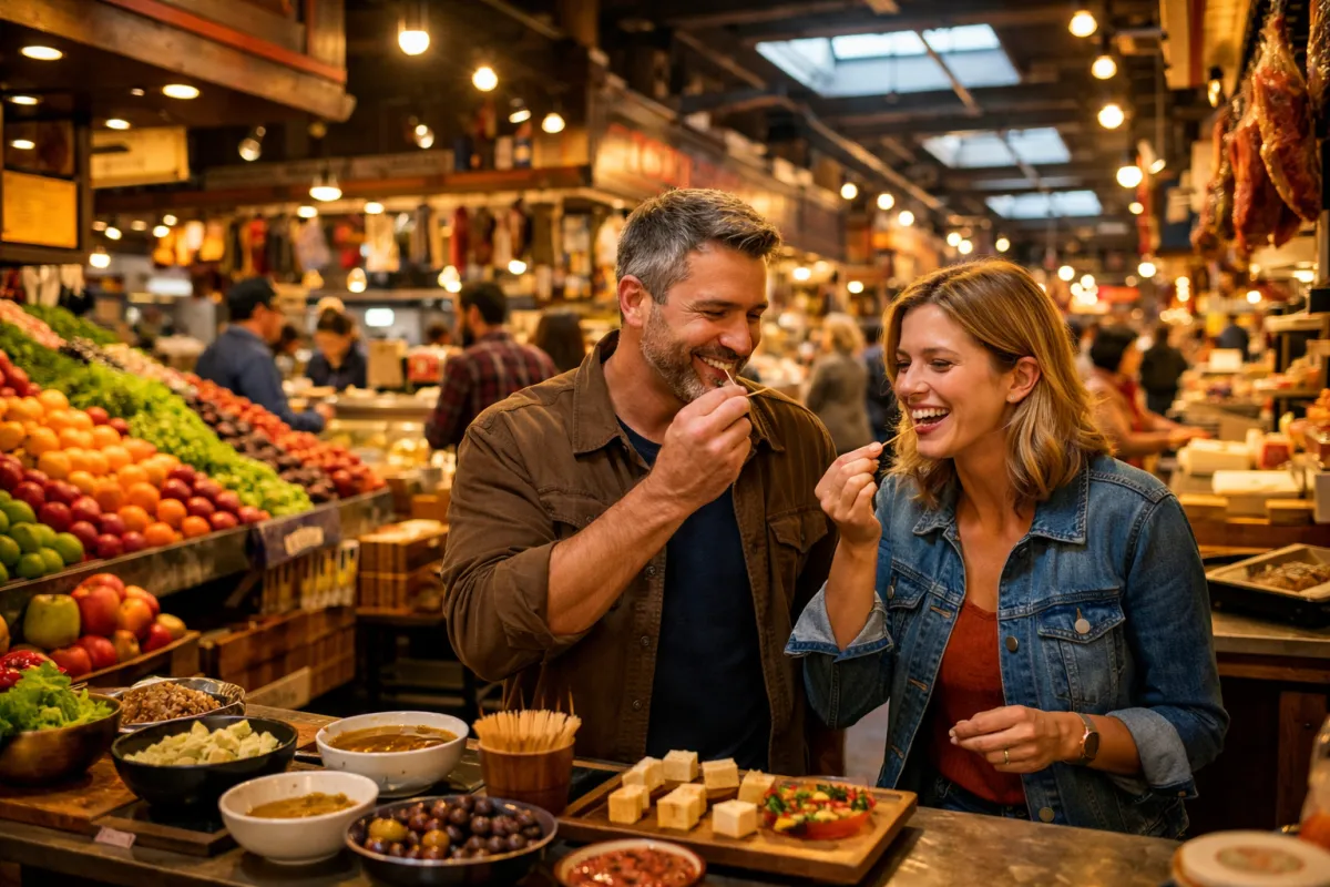 Adelaide Central Market interior with vibrant food stalls and people browsing