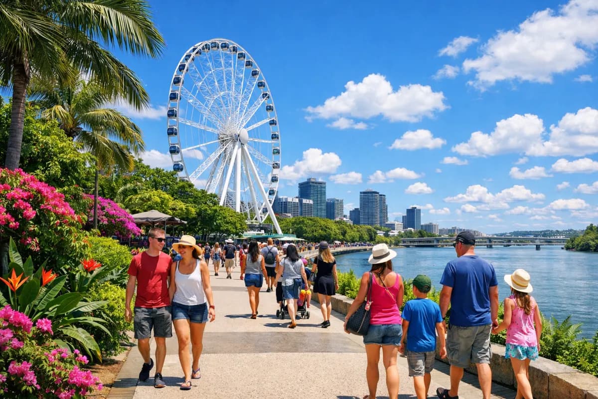 Brisbane South Bank Parklands on a bright sunny day with river and city skyline
