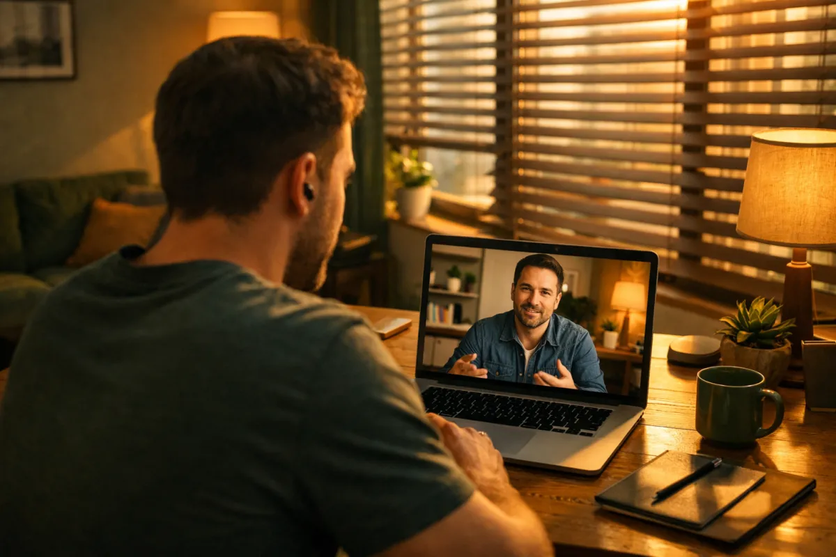 Man on a video coaching call, seen from over-shoulder with laptop screen