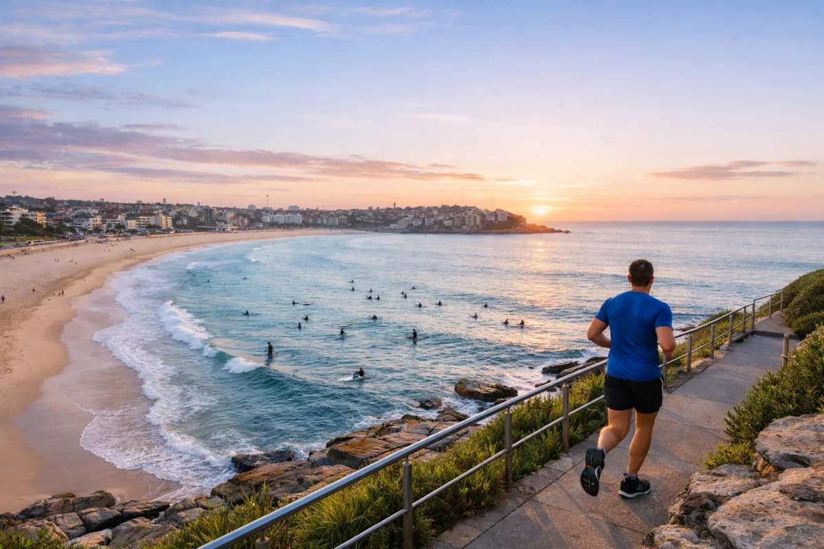 Bondi Beach at sunrise with surfers and a man jogging along the coastal walk