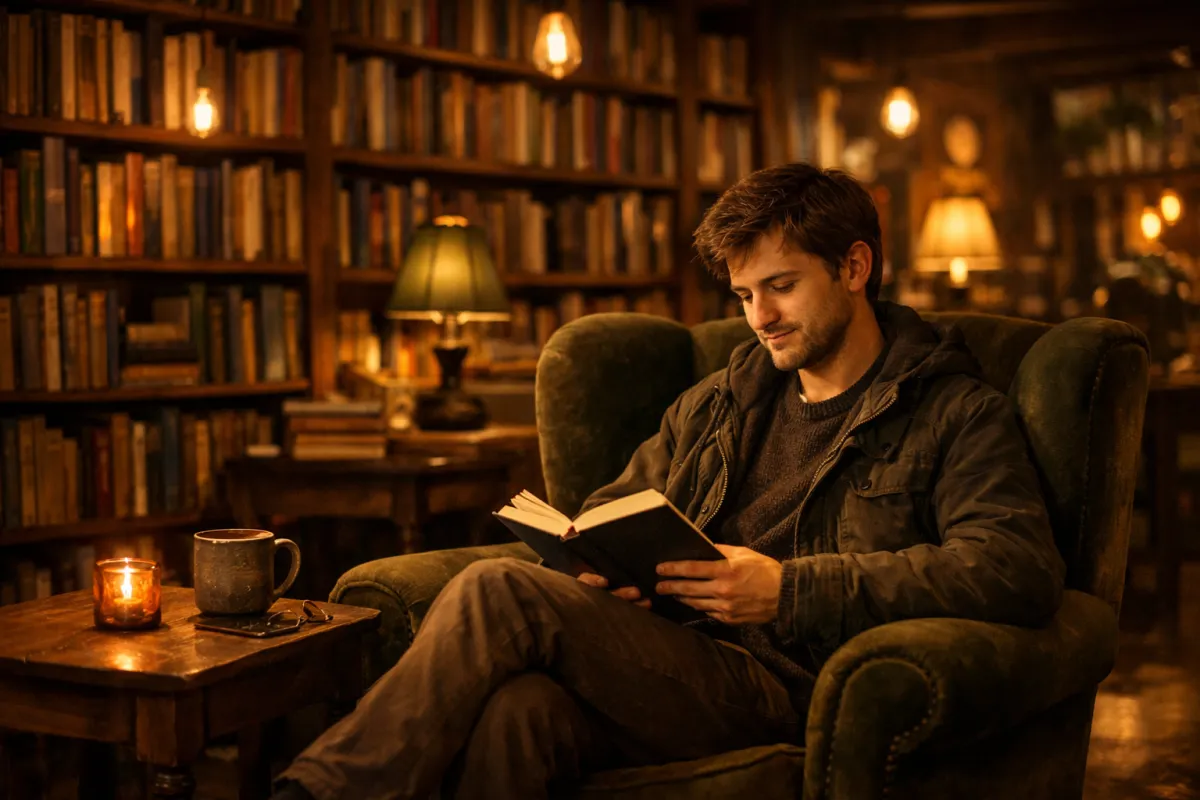 Man reading in a cozy bookshop café with warm Edison bulb lighting
