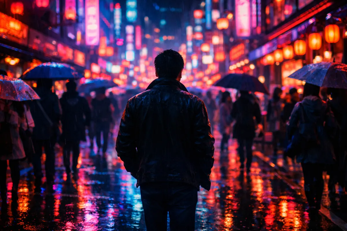 Vibrant Japanese street at night with neon lights reflecting on rain-slicked pavement