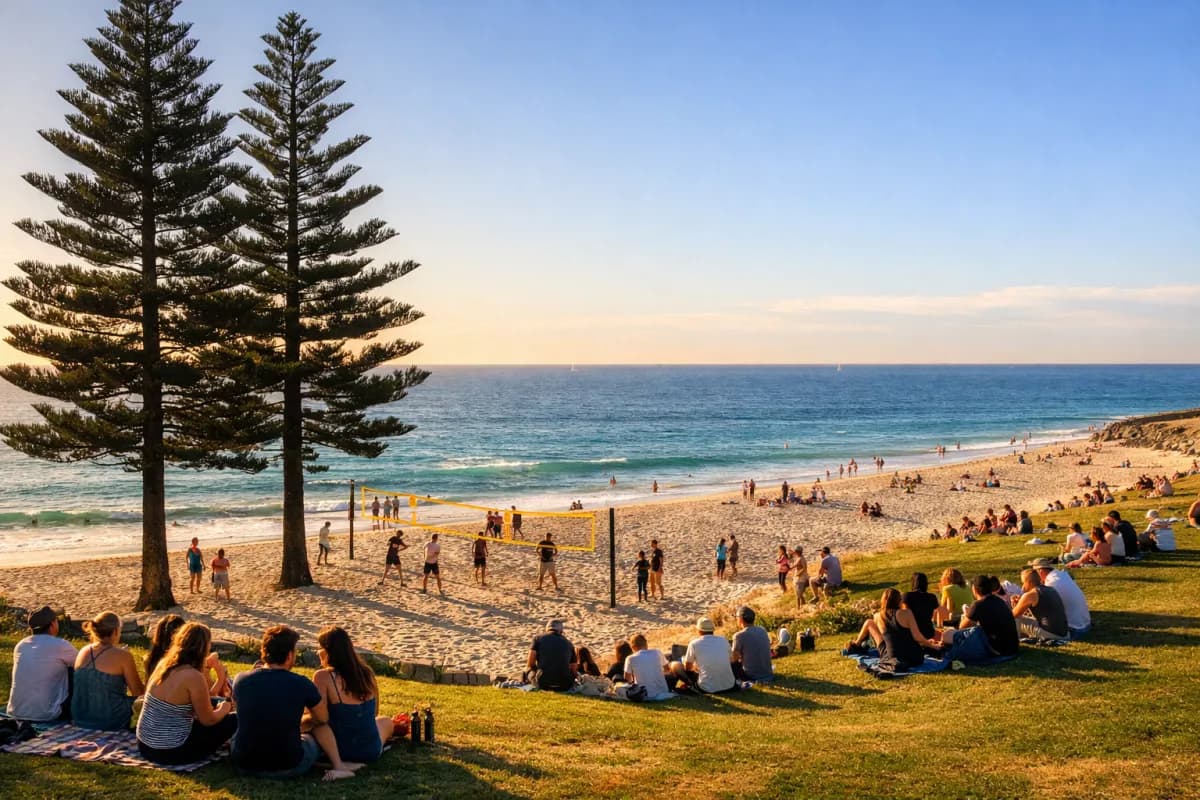 Cottesloe Beach Perth with people playing volleyball and socialising on the grass