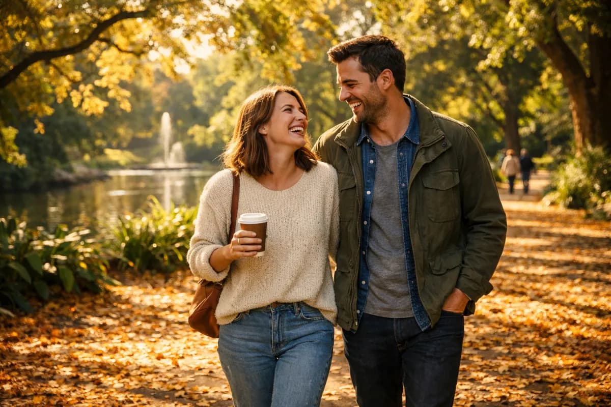 Couple walking through Melbourne's Royal Botanic Gardens on an autumn afternoon