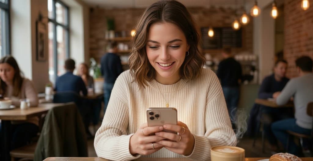 Woman smiling at phone after matching with a man through online dating after Core Confidence coaching