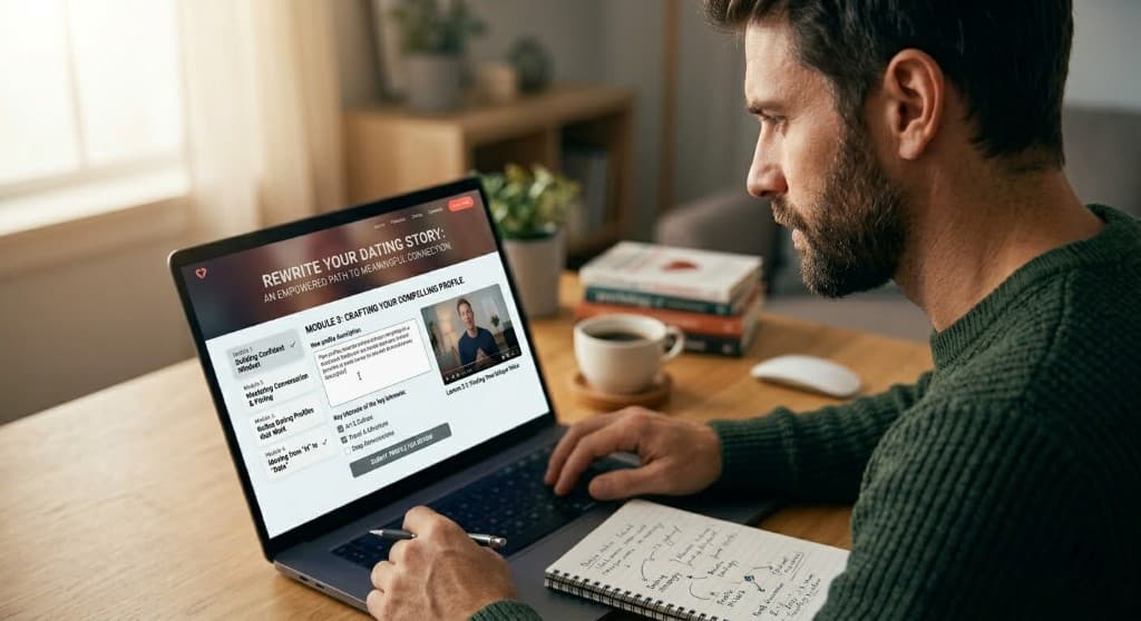 Man studying the Core Confidence online foundations dating course on his laptop at home in Australia
