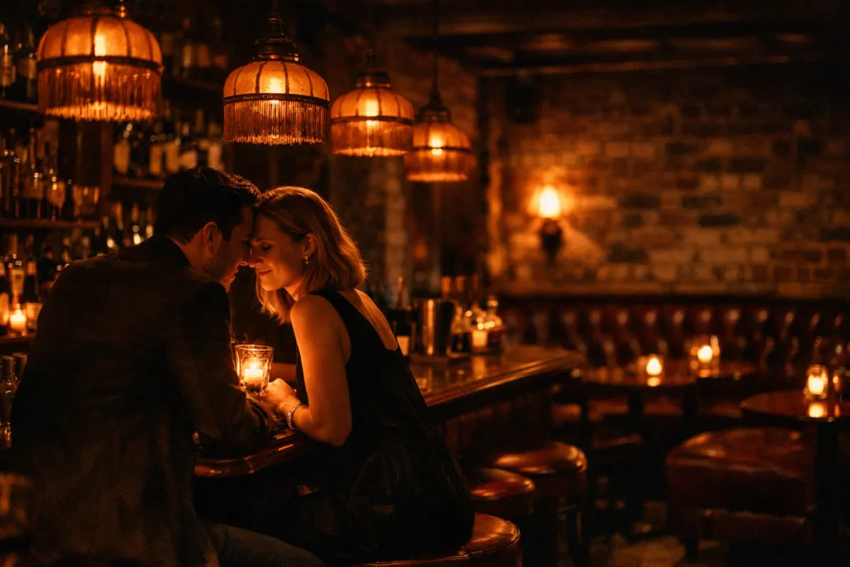 Dimly lit speakeasy cocktail bar in Surry Hills with exposed brick and leather banquettes