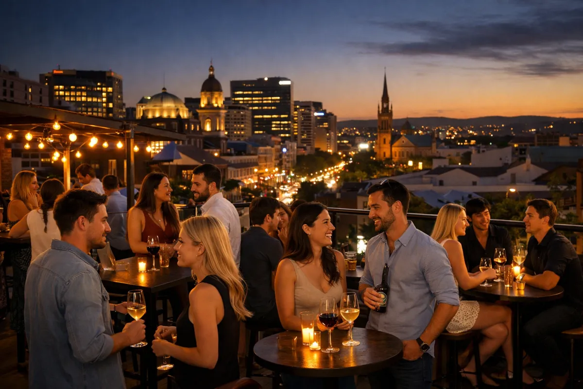 Singles mingling at a rooftop bar in Adelaide's East End on a warm evening