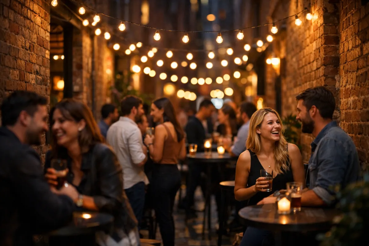 Social scene at a Melbourne laneway bar on a Friday evening