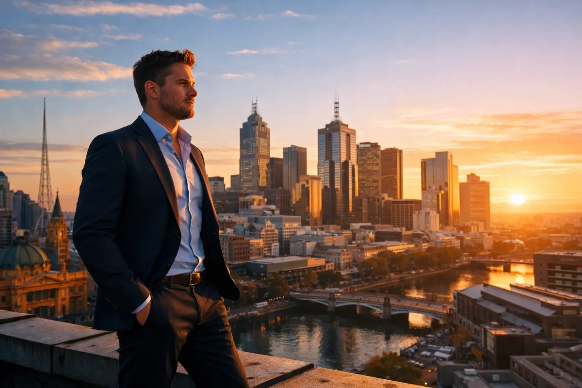 Man standing on a Melbourne rooftop at sunrise looking out over the city