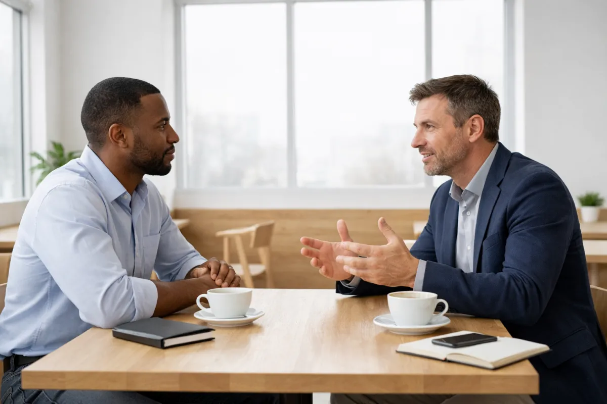 Two men having an engaged coaching conversation in a bright modern café