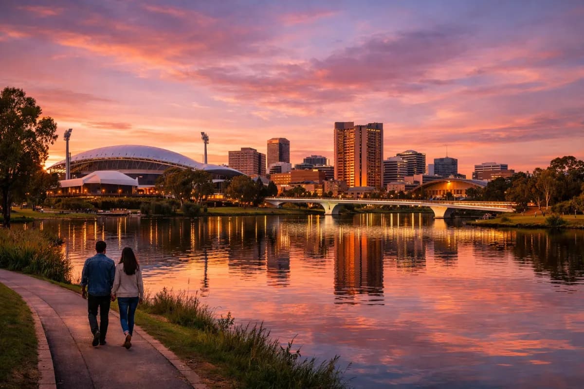 Adelaide city skyline at sunset from the River Torrens