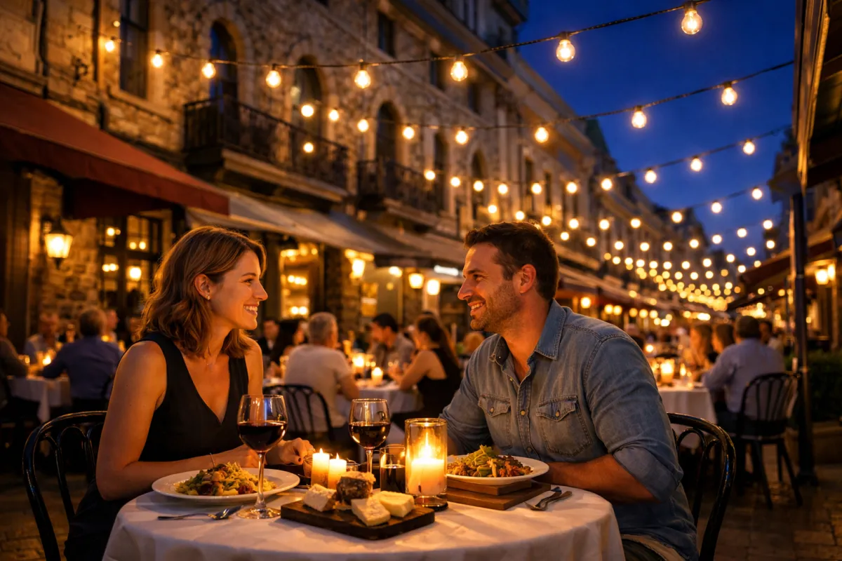 Couple at an intimate outdoor restaurant in Adelaide's Rundle Street at blue hour