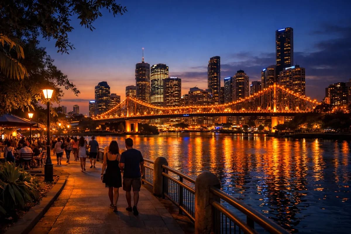 Brisbane South Bank at dusk with city skyline