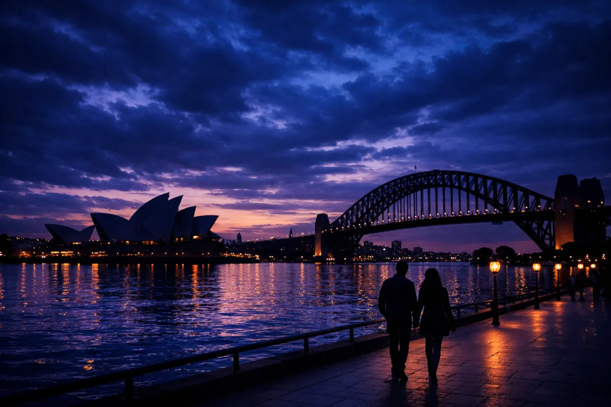 Sydney Harbour at blue hour with Opera House and Harbour Bridge