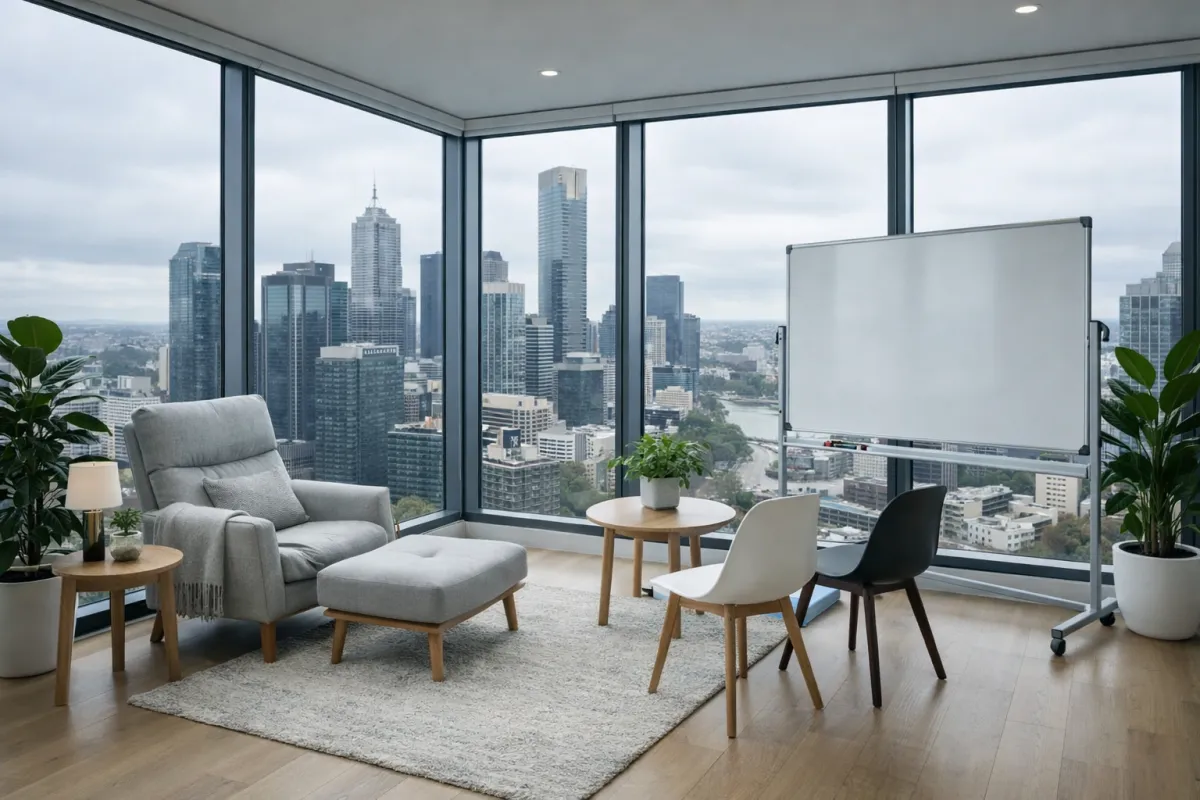 Modern professional office in Melbourne CBD with city views through floor-to-ceiling windows