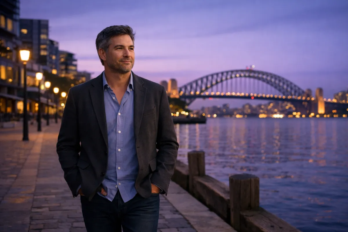Mature man walking along Sydney Harbour foreshore at dusk with quiet resolve