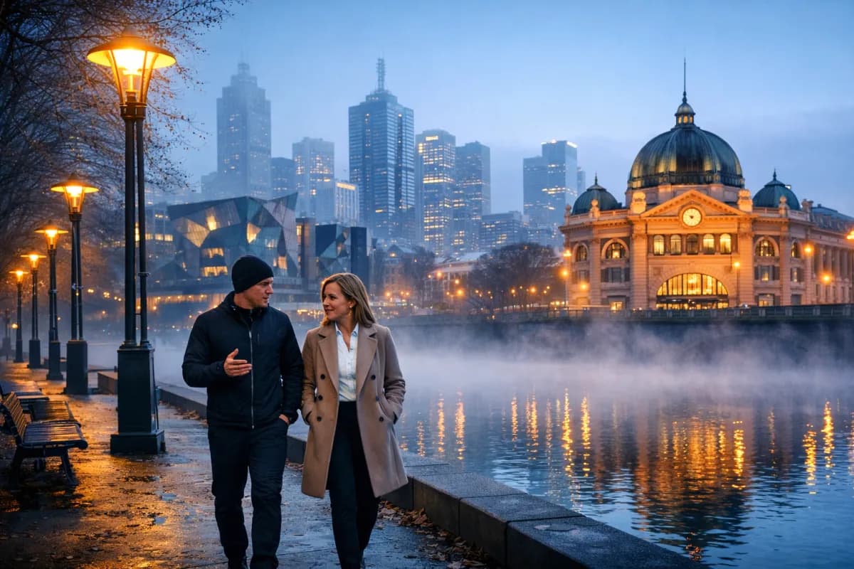 Melbourne Federation Square on a crisp winter morning with fog over the Yarra River