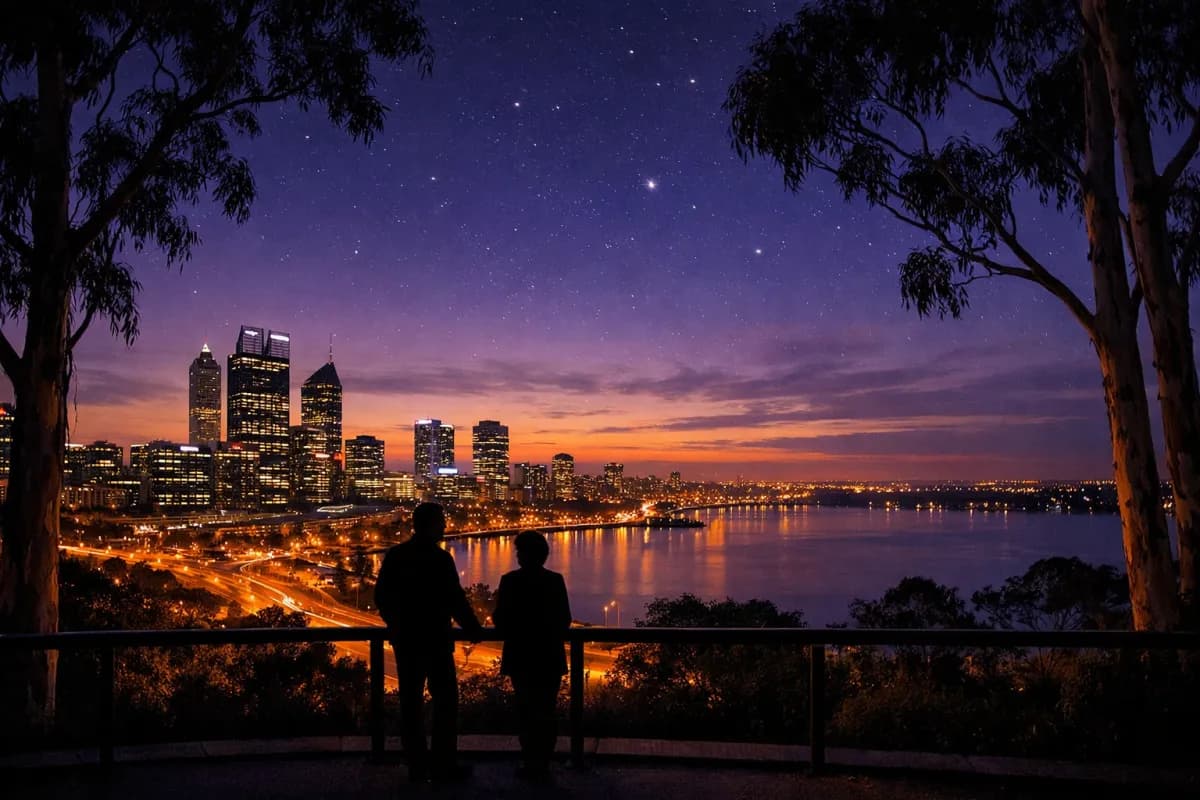 Perth Kings Park at twilight with panoramic city skyline and Swan River