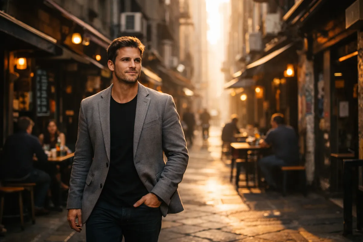 Man in his 30s at a Melbourne cafe, relaxed and confident
