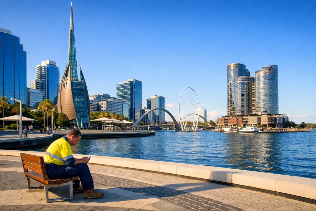 Perth Elizabeth Quay waterfront with Swan River and modern architecture