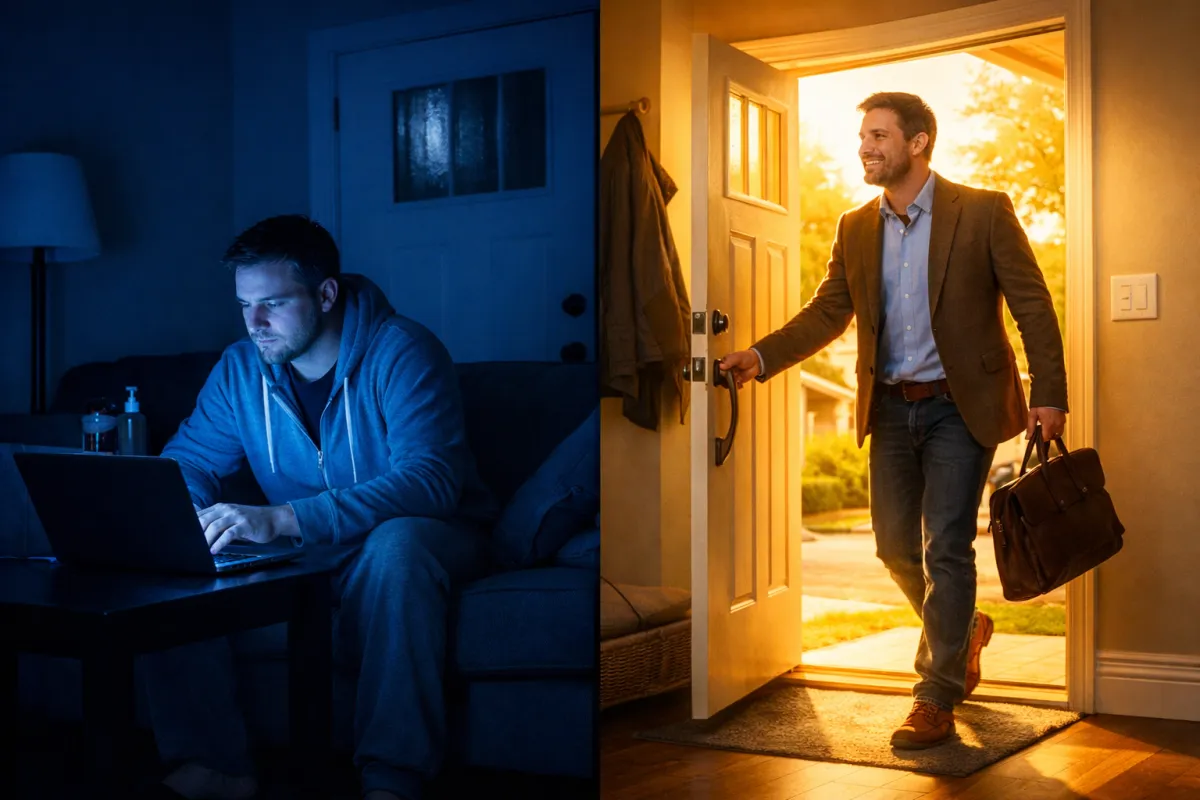 Split image showing isolation at home vs stepping out into the world