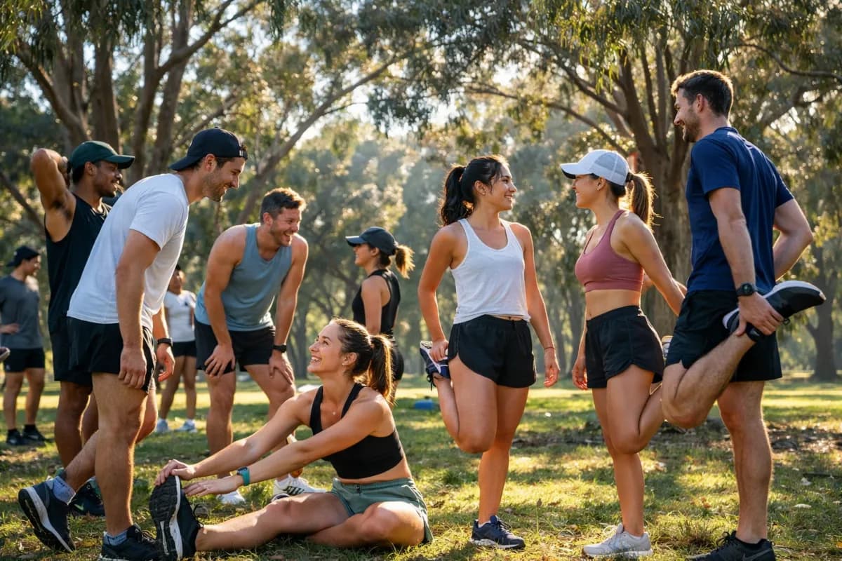 Young adults at a Sydney run club gathering in Centennial Park stretching and chatting