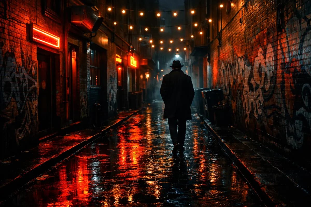 Melbourne laneway at night with moody string lights and neon bar signs