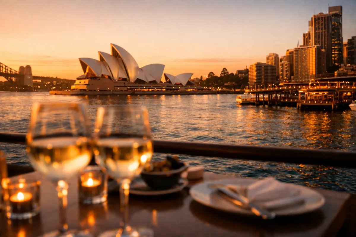 Sydney Opera House viewed from a waterfront restaurant table at golden hour