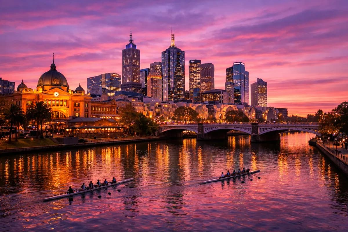 Melbourne Yarra River at dusk with Flinders Street Station and pink sunset sky
