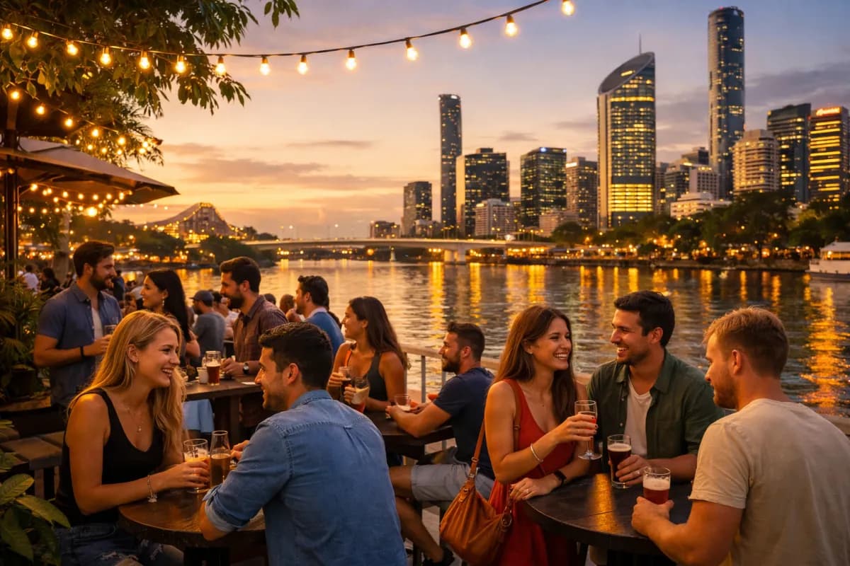Singles socialising at an outdoor bar along Brisbane's South Bank at dusk